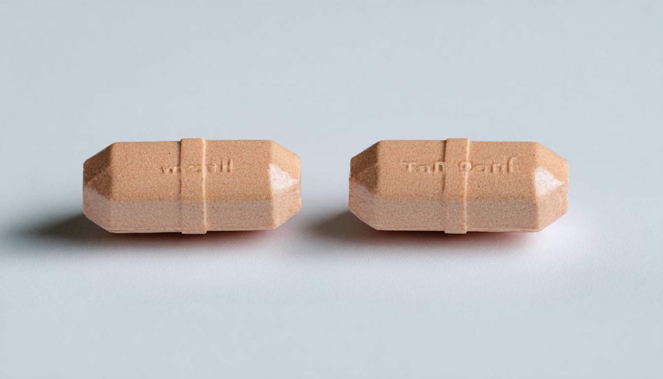 Blister pack of tadalafil tablets with a glass of water on a bedside table, symbolizing treatment for erectile dysfunction